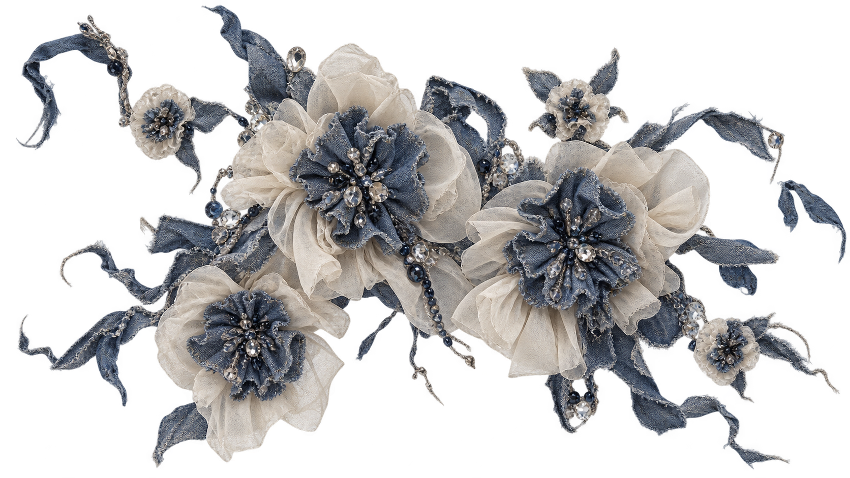 Mixed-material floral embellishment with stones and hand-applied details