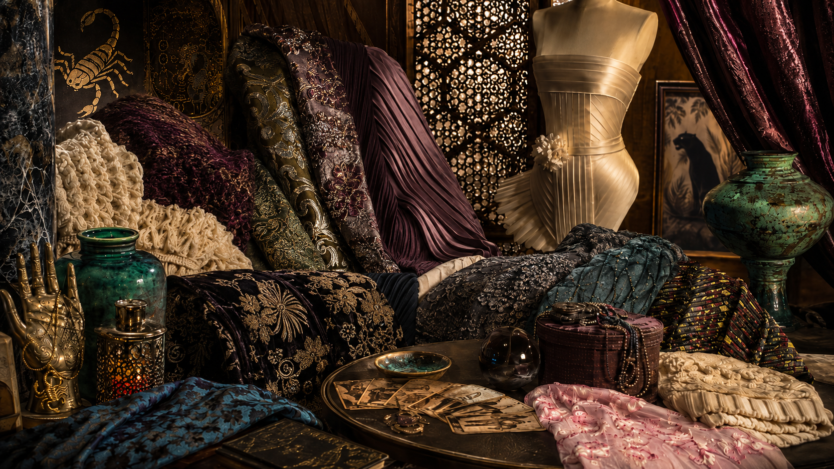 Call Me Miss Ives dark romantic material mood with brocade, knitwear and decorative surfaces