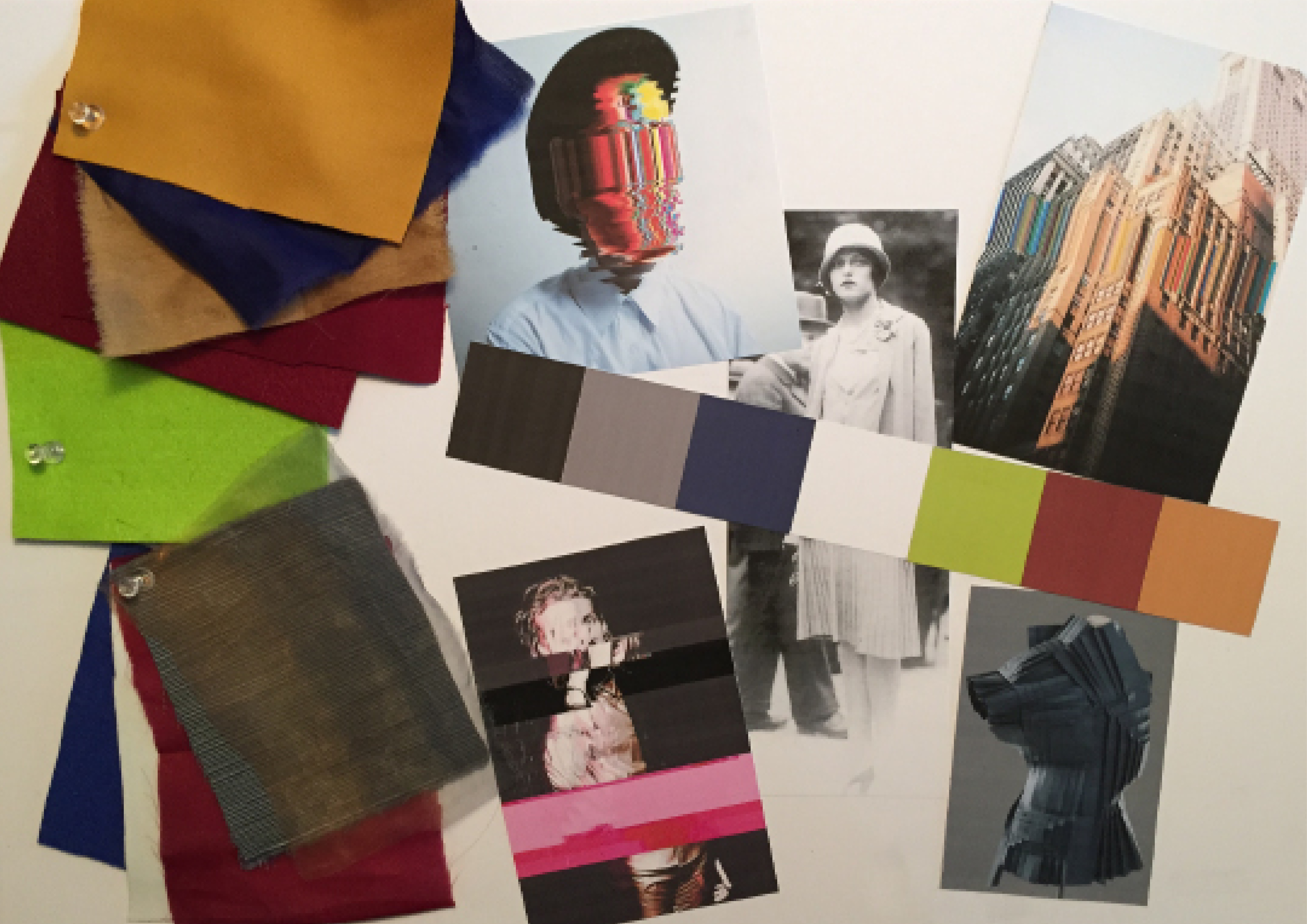 The Glitch Effect physical moodboard with fabrics, palette and volume references