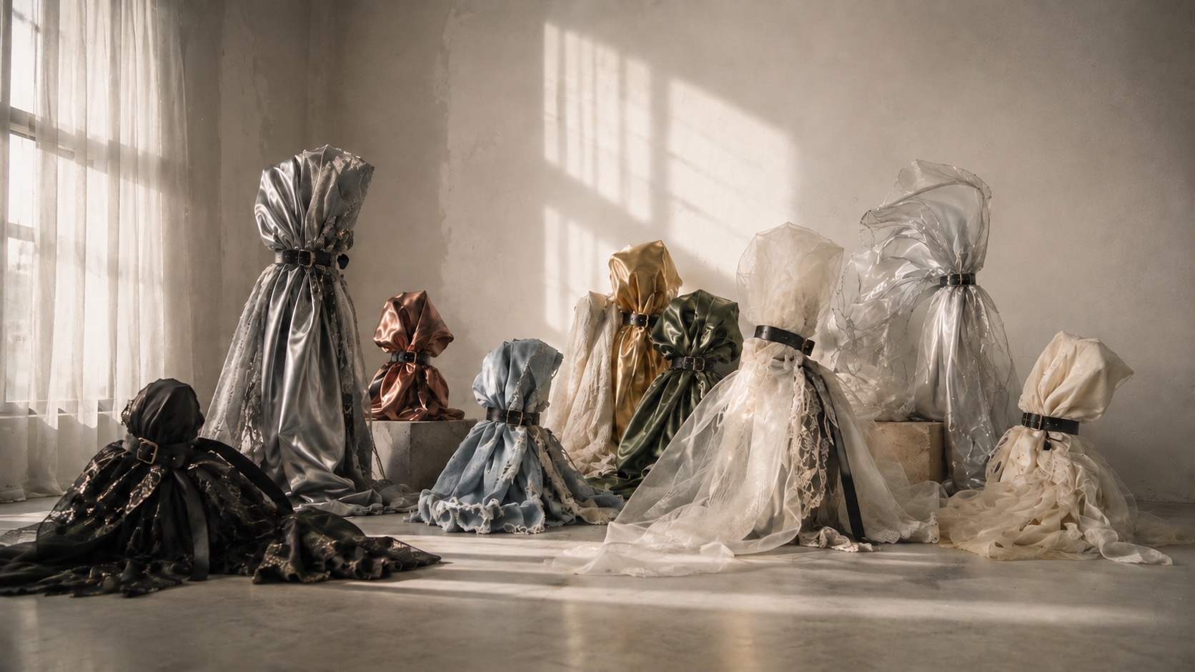 Sculptural neutral fabrics cinched with black belts in a quiet studio